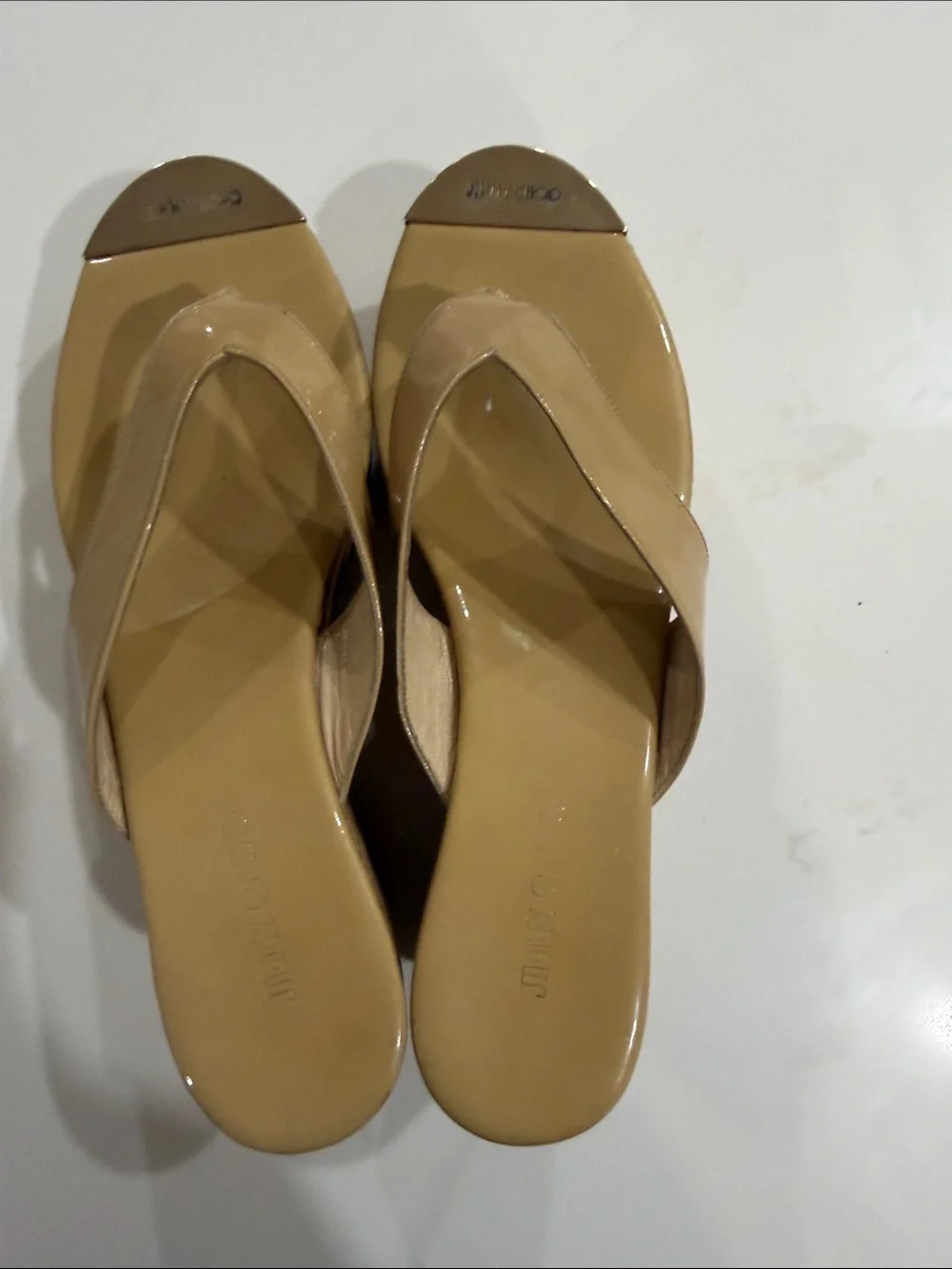 Jimmy Choo Nude Patent Cork Wedge Thongs